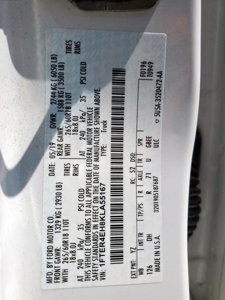 2019 Ford Ranger Xl VIN: 1FTER4EH8KLA55167 Lot: 62910425