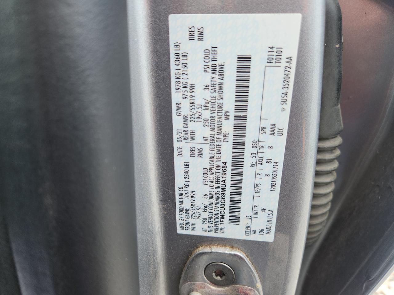 2021 Ford Escape Se VIN: 1FMCU0G69MUA19684 Lot: 62933545