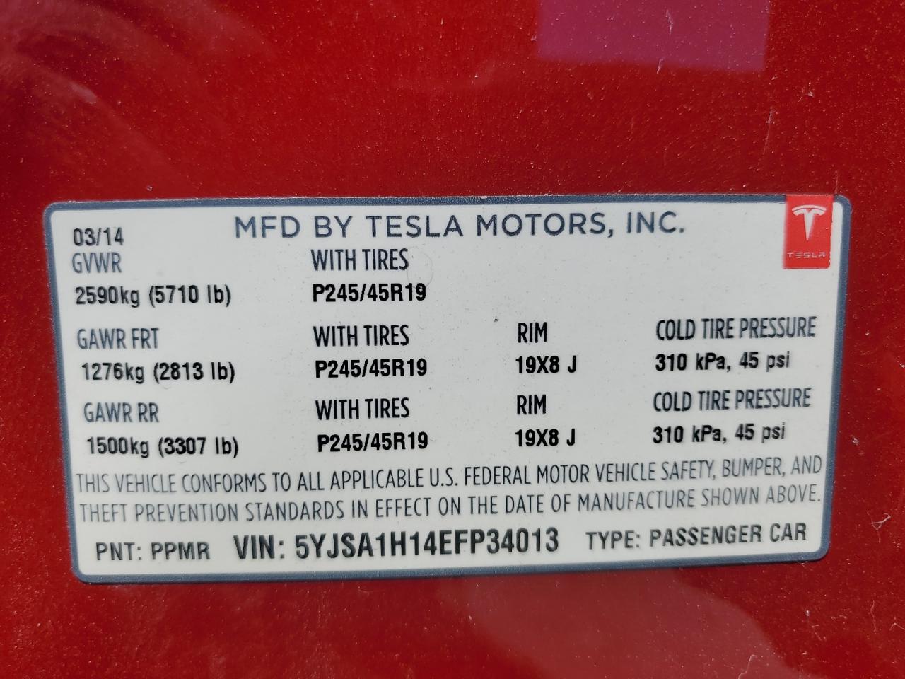 2014 Tesla Model S VIN: 5YJSA1H14EFP34013 Lot: 61643895