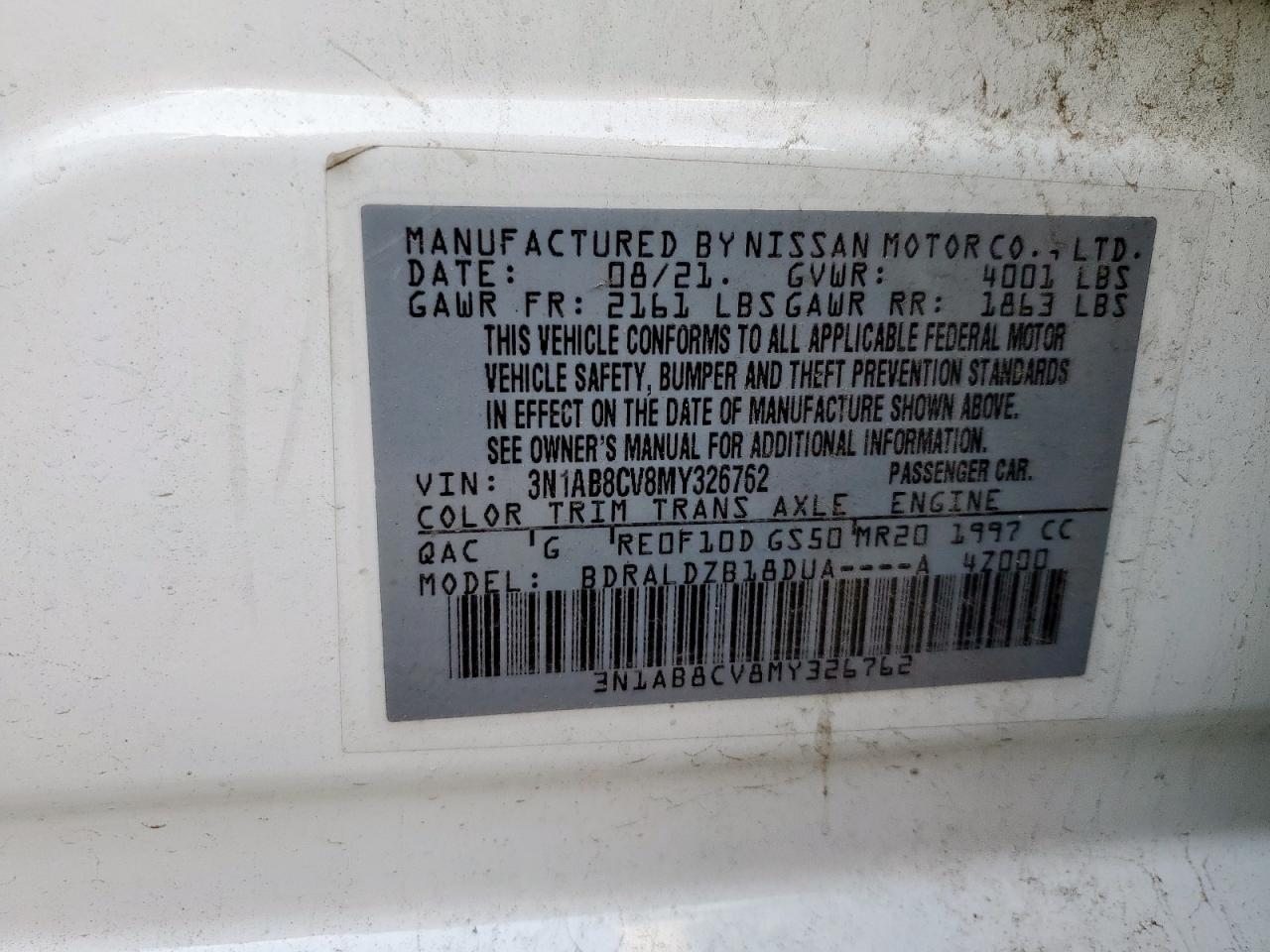 2021 Nissan Sentra Sv VIN: 3N1AB8CV8MY326762 Lot: 60917375