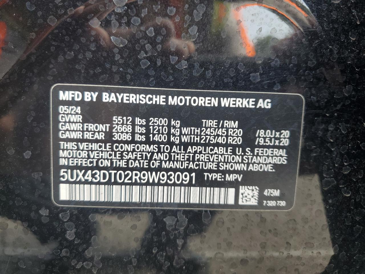2024 BMW X4 M40I VIN: 5UX43DT02R9W93091 Lot: 59514265