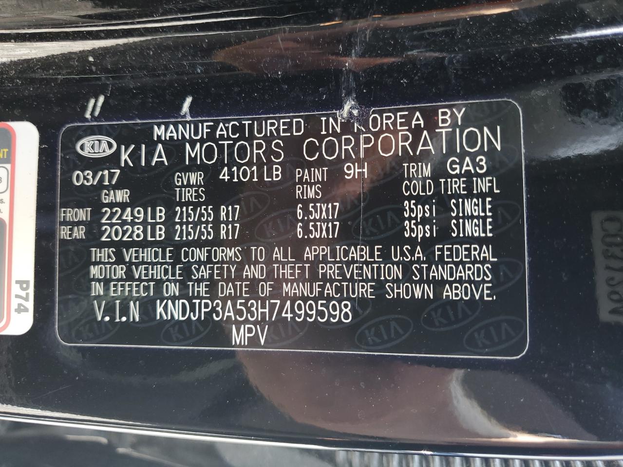 2017 Kia Soul + VIN: KNDJP3A53H7499598 Lot: 62214585