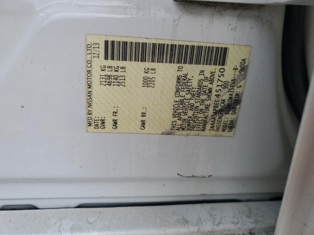 2014 Nissan Maxima S VIN: 1N4AA5AP8EC451750 Lot: 62700895