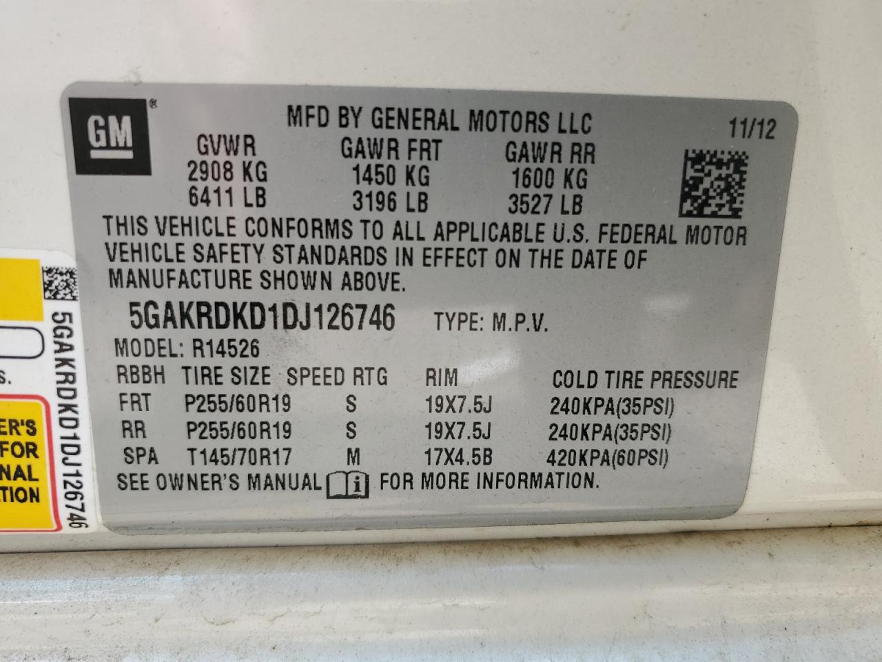 2013 Buick Enclave VIN: 5GAKRDKD1DJ126746 Lot: 59581555