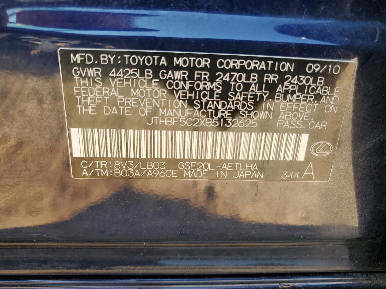 2011 Lexus Is 250 VIN: JTHBF5C2XB5132625 Lot: 62080485