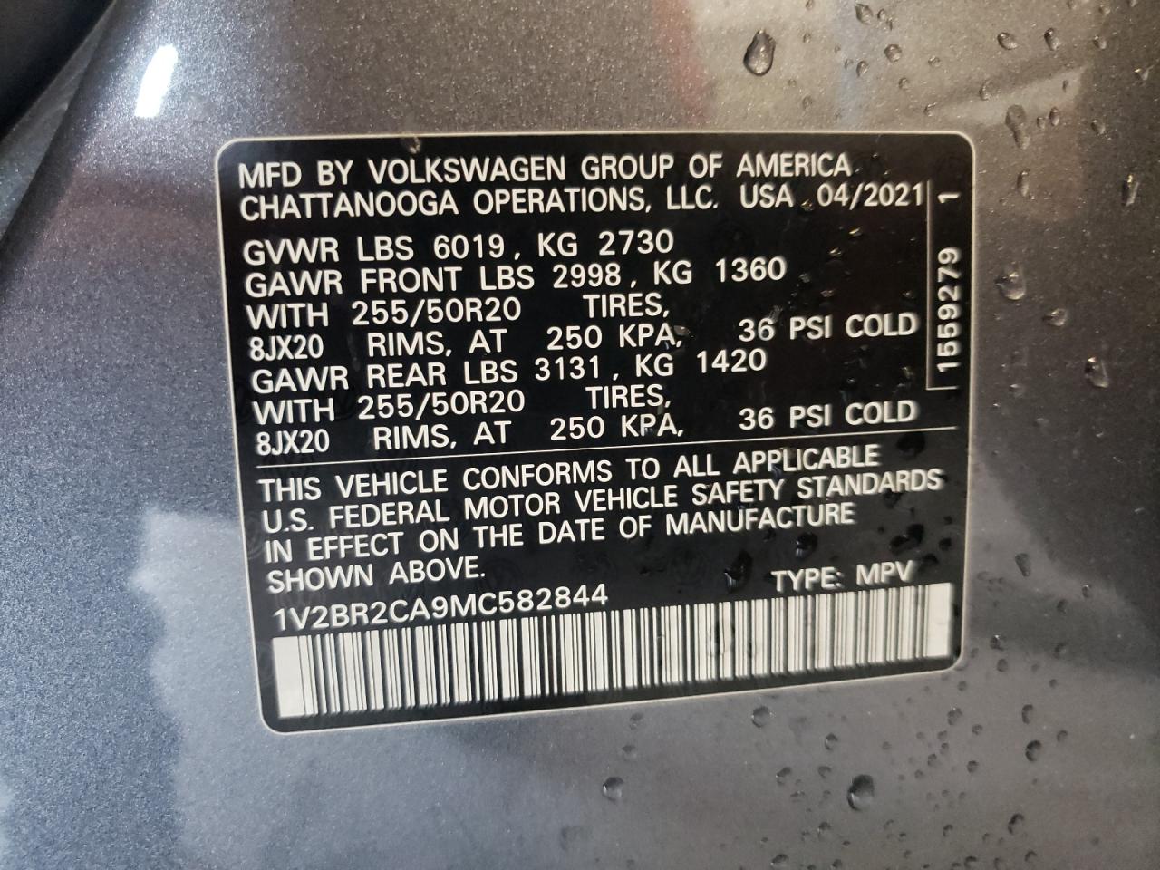 2021 Volkswagen Atlas Sel VIN: 1V2BR2CA9MC582844 Lot: 62483235