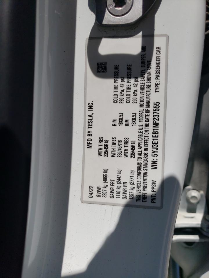2022 Tesla Model 3 VIN: 5YJ3E1EB1NF237555 Lot: 62954085