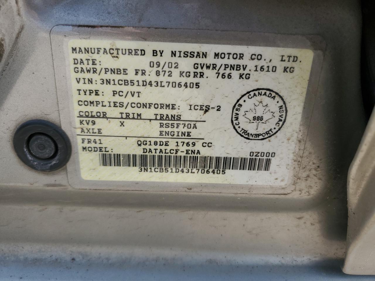 2003 Nissan Sentra Xe VIN: 3N1CB51D43L706405 Lot: 62495285