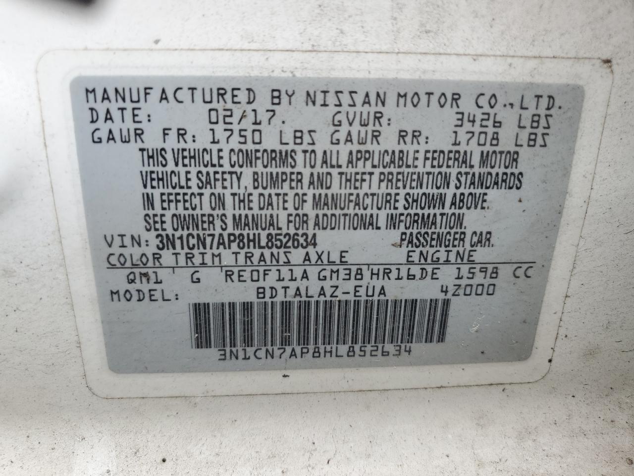 NISSAN VERSA 2017 VIN 3N1CN7AP8HL852634 zdjęcie 12