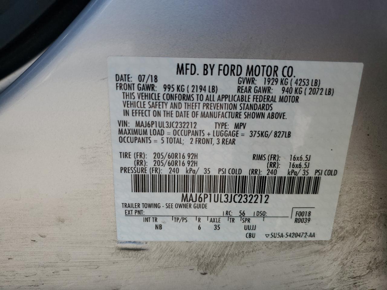 2018 Ford Ecosport Se VIN: MAJ6P1UL3JC232212 Lot: 60940025