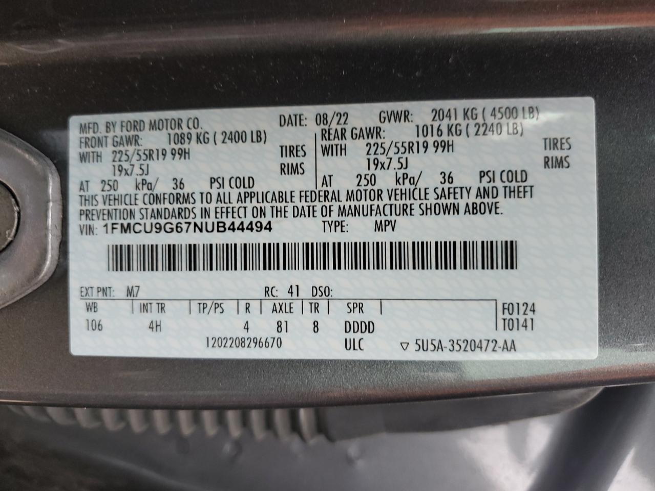 2022 Ford Escape Se VIN: 1FMCU9G67NUB44494 Lot: 60671215