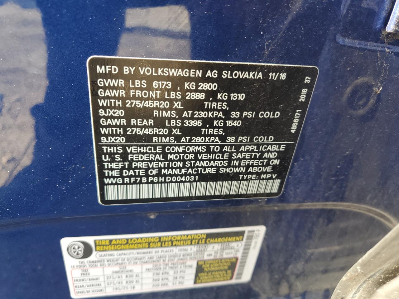 2017 Volkswagen Touareg Wolfsburg VIN: WVGRF7BP6HD004031 Lot: 61141675