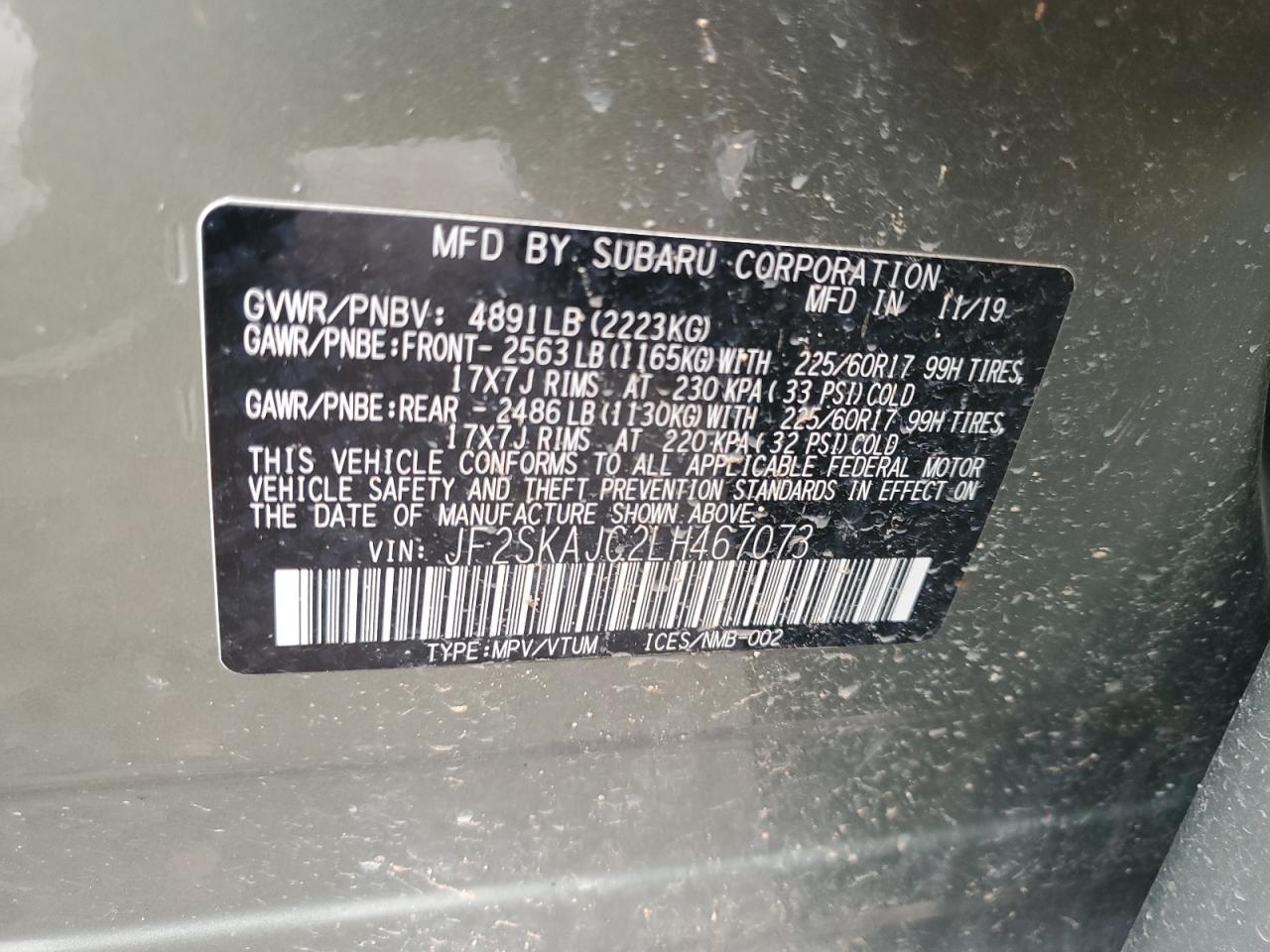 2020 Subaru Forester Premium VIN: JF2SKAJC2LH467073 Lot: 62753675