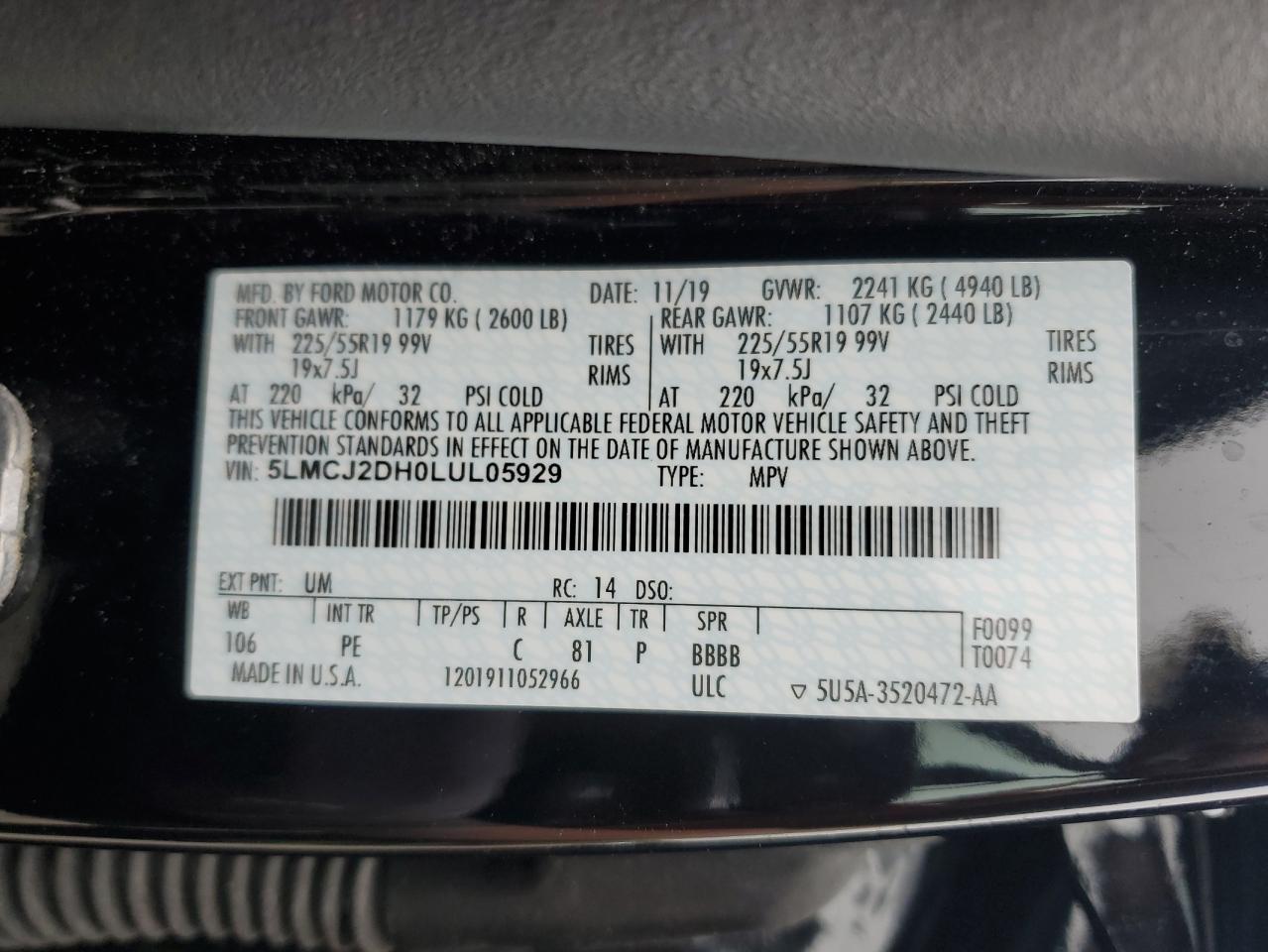 2020 Lincoln Corsair Reserve VIN: 5LMCJ2DH0LUL05492 Lot: 61328885