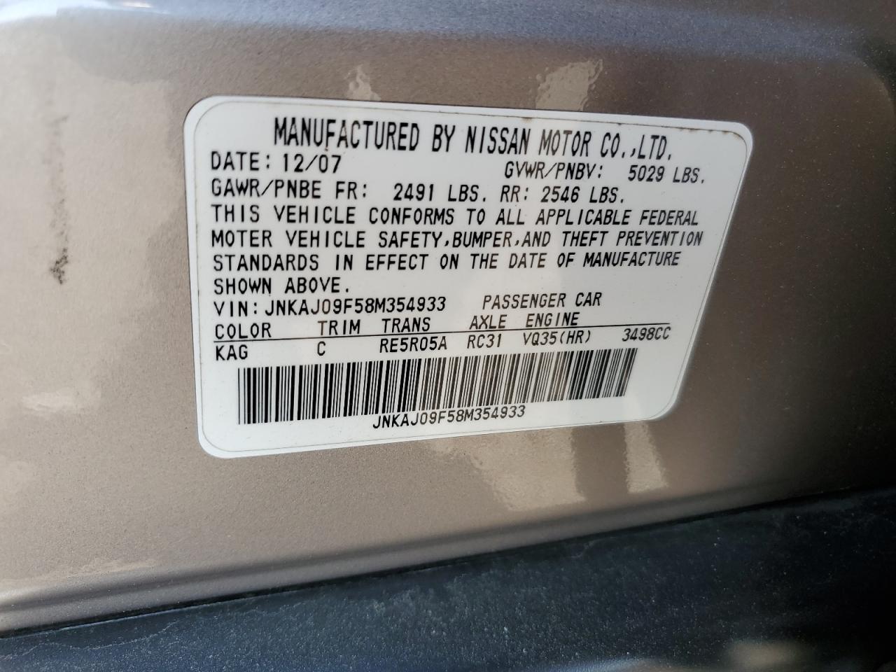 2008 Infiniti Ex35 Base VIN: JNKAJ09F58M354933 Lot: 59274025