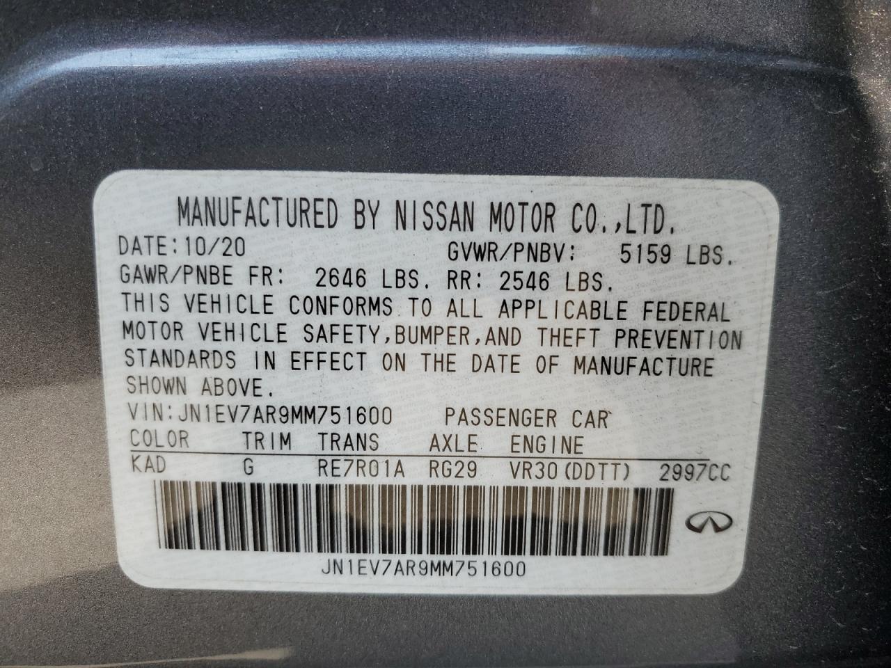 2021 Infiniti Q50 Pure VIN: JN1EV7AR9MM751600 Lot: 61756015