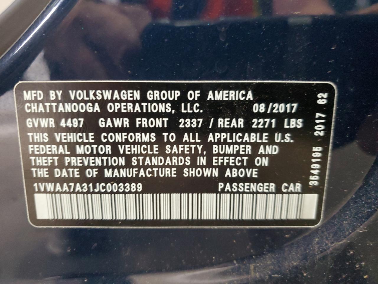 2018 Volkswagen Passat S VIN: 1VWAA7A31JC003389 Lot: 61931165