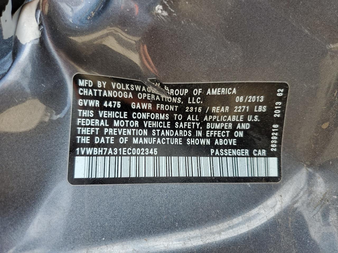 2014 Volkswagen Passat Se VIN: 1VWBH7A31EC002345 Lot: 62750305