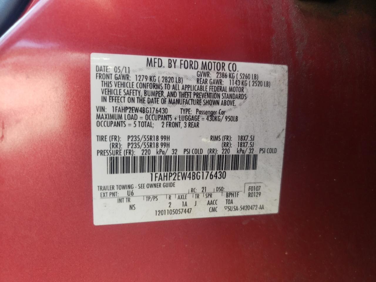 2011 Ford Taurus Sel VIN: 1FAHP2EW4BG176430 Lot: 62483395