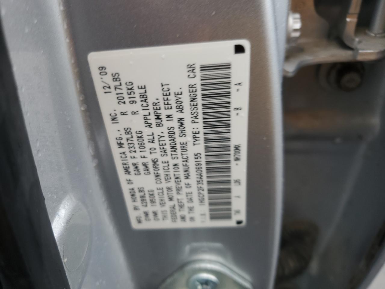2010 Honda Accord Lx VIN: 1HGCP2F35AA069155 Lot: 62036295