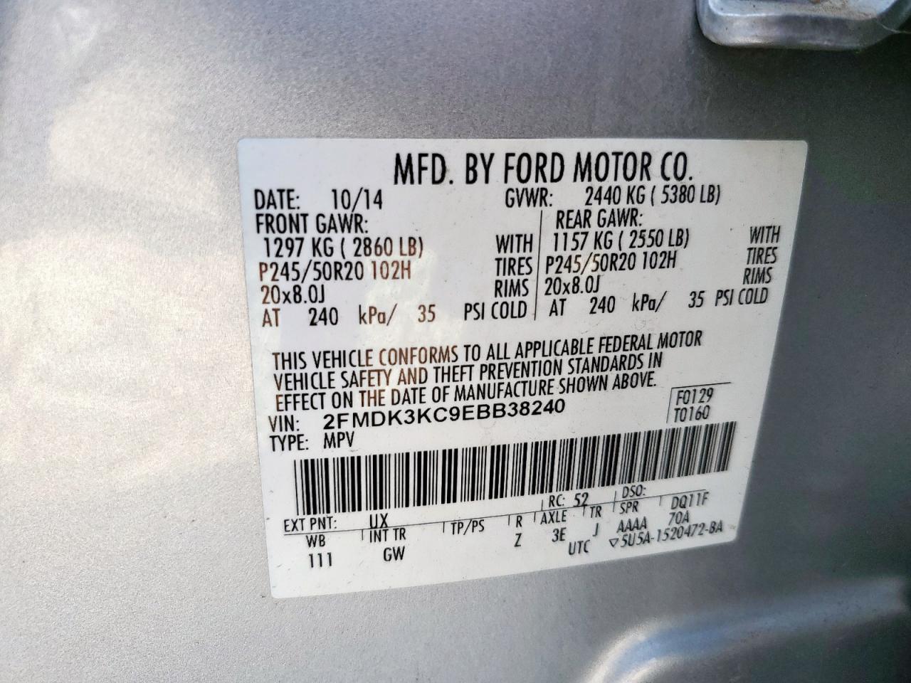 2014 Ford Edge Limited VIN: 2FMDK3KC9EBB38240 Lot: 59755005