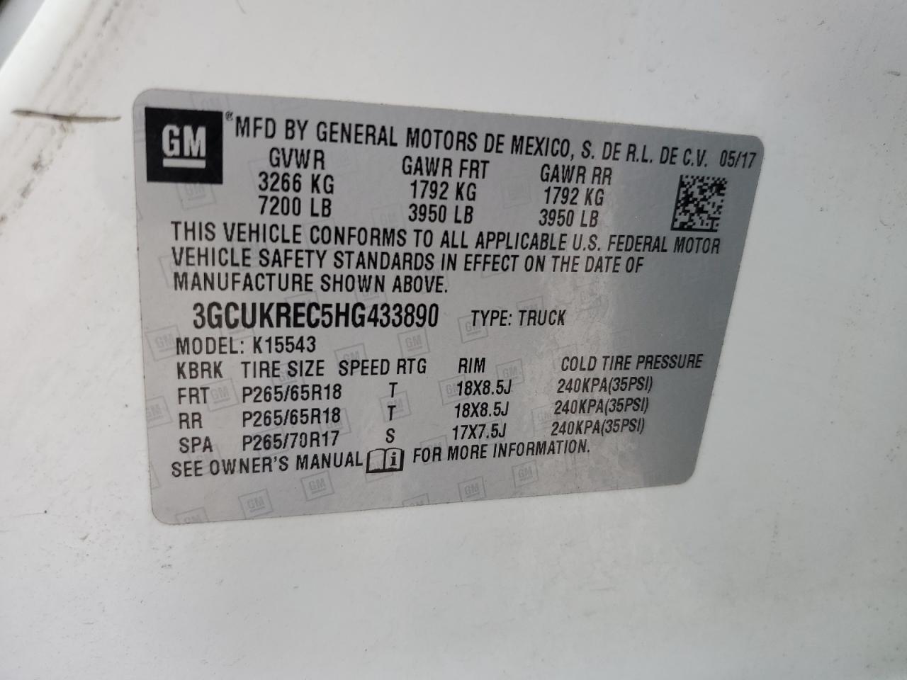 2017 Chevrolet Silverado K1500 Lt VIN: 3GCUKREC5HG433890 Lot: 62858375