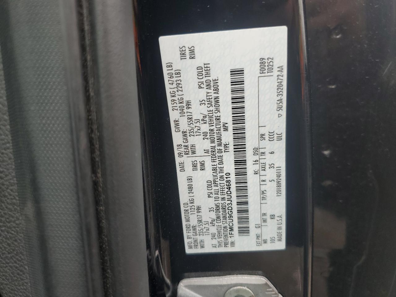 FORD ESCAPE 2018 VIN 1FMCU9GD3JUD46810 photo 13