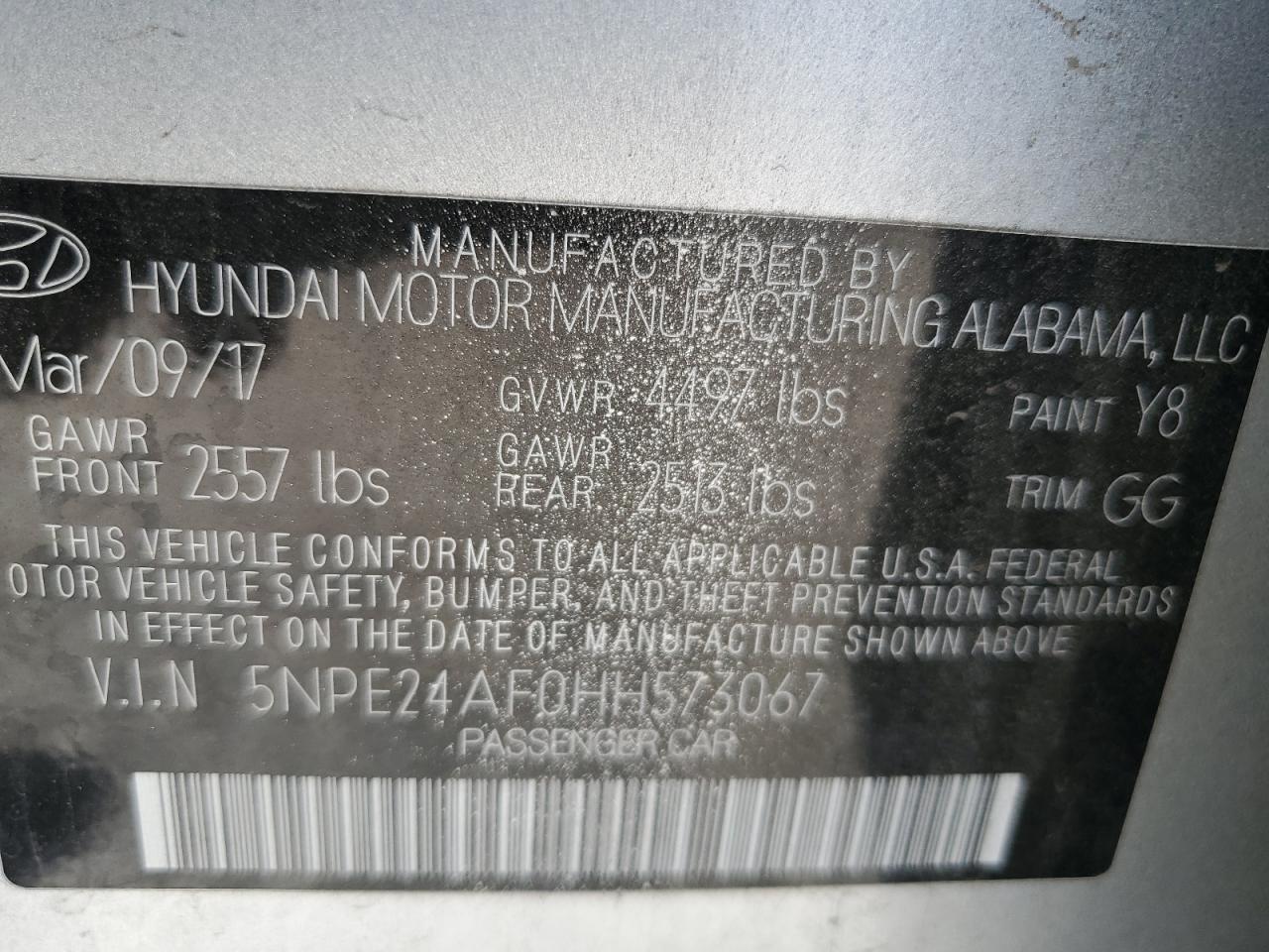 2017 Hyundai Sonata Se VIN: 5NPE24AF0HH573067 Lot: 61855295