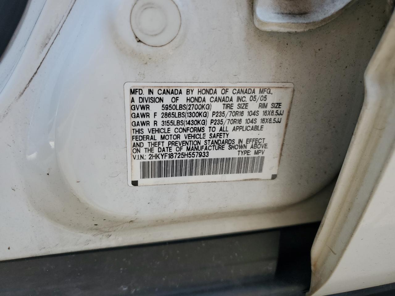 2005 Honda Pilot Exl VIN: 2HKYF18725H557933 Lot: 62353005