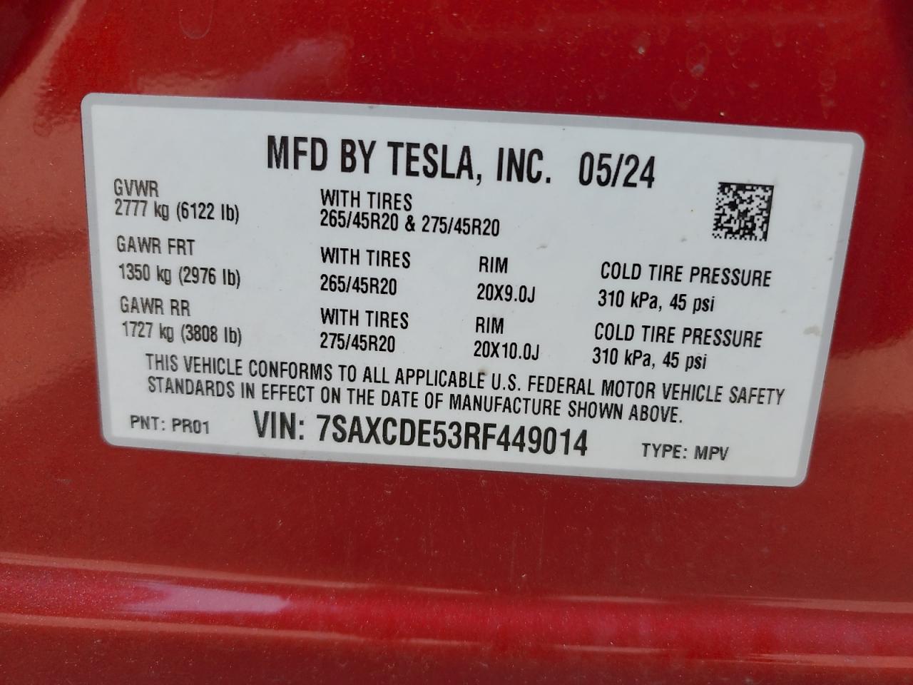 2024 Tesla Model X VIN: 7SAXCDE53RF449014 Lot: 59061515