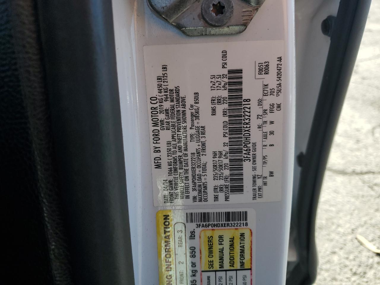 2014 Ford Fusion Se VIN: 3FA6P0HDXER322218 Lot: 59623535