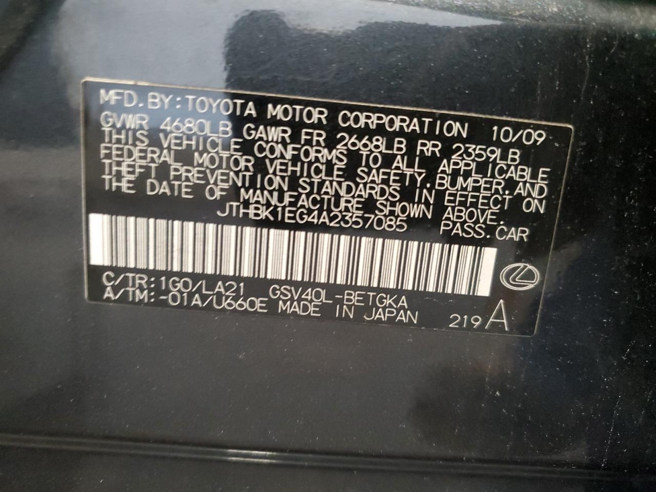 2010 Lexus Es 350 VIN: JTHBK1EG4A2357085 Lot: 60993285