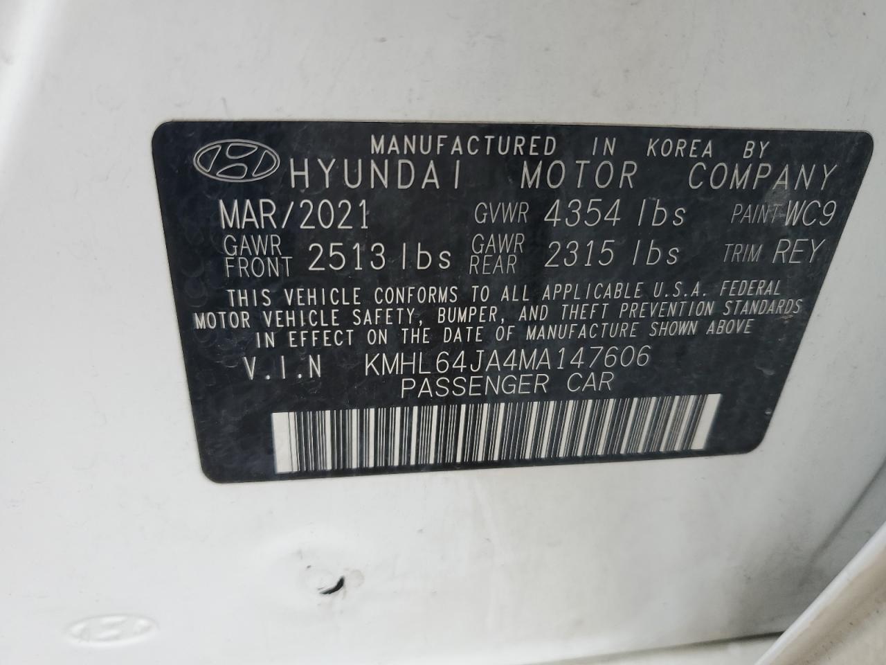 2021 Hyundai Sonata Sel VIN: KMHL64JA4MA147606 Lot: 62550435