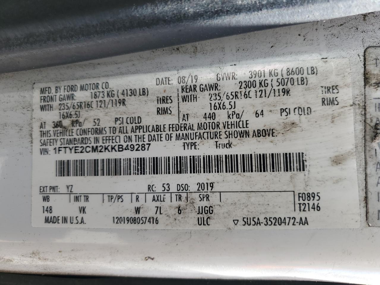 2019 Ford Transit T-150 VIN: 1FTYE2CM2KKB49287 Lot: 61382505