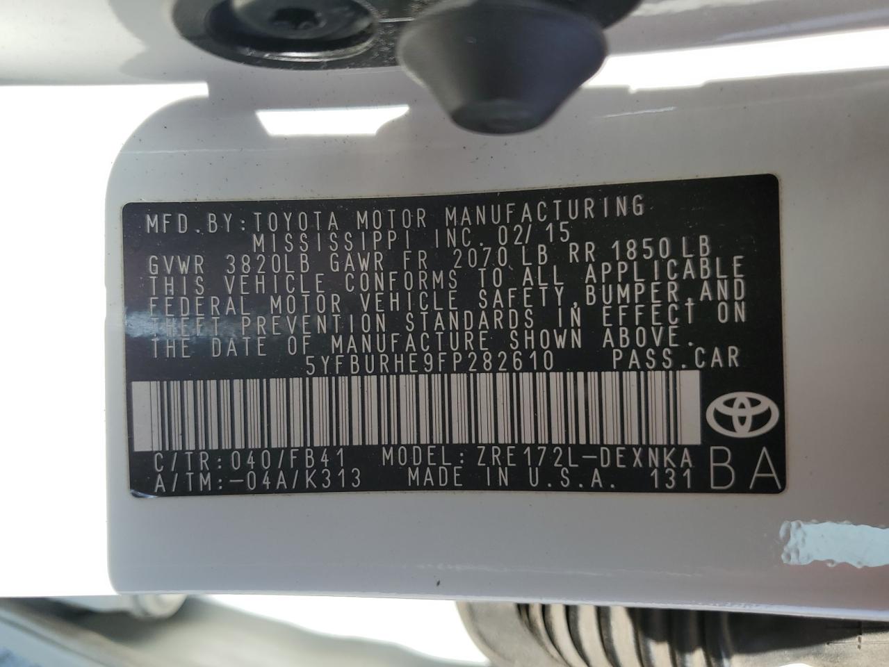 TOYOTA COROLLA 2015 VIN 5YFBURHE9FP282610 zdjęcie 13