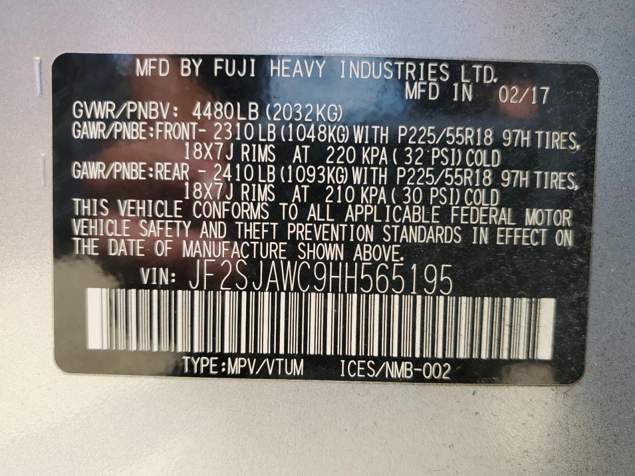 2017 Subaru Forester 2.5I Touring VIN: JF2SJAWC9HH565195 Lot: 61631195