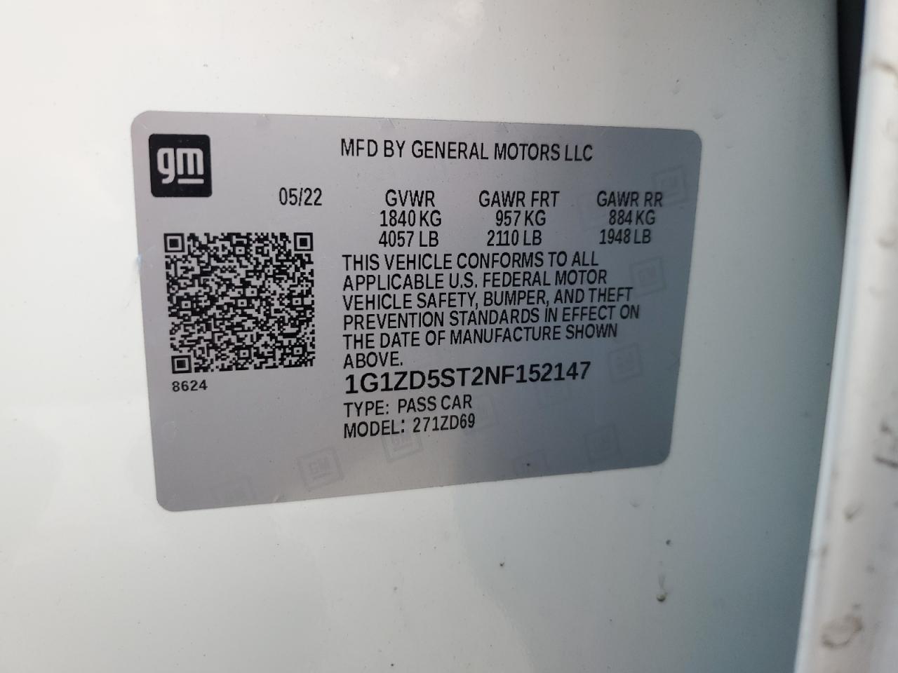 2022 Chevrolet Malibu Lt VIN: 1G1ZD5ST2NF152147 Lot: 60988665