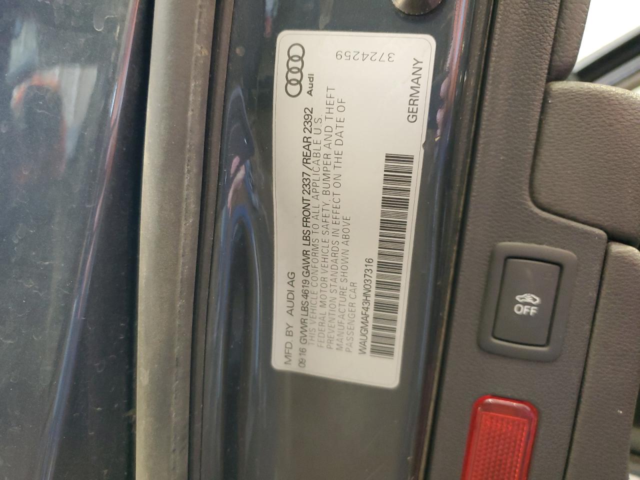 2017 Audi A4 Ultra Premium VIN: WAUGMAF43HN037316 Lot: 62701975