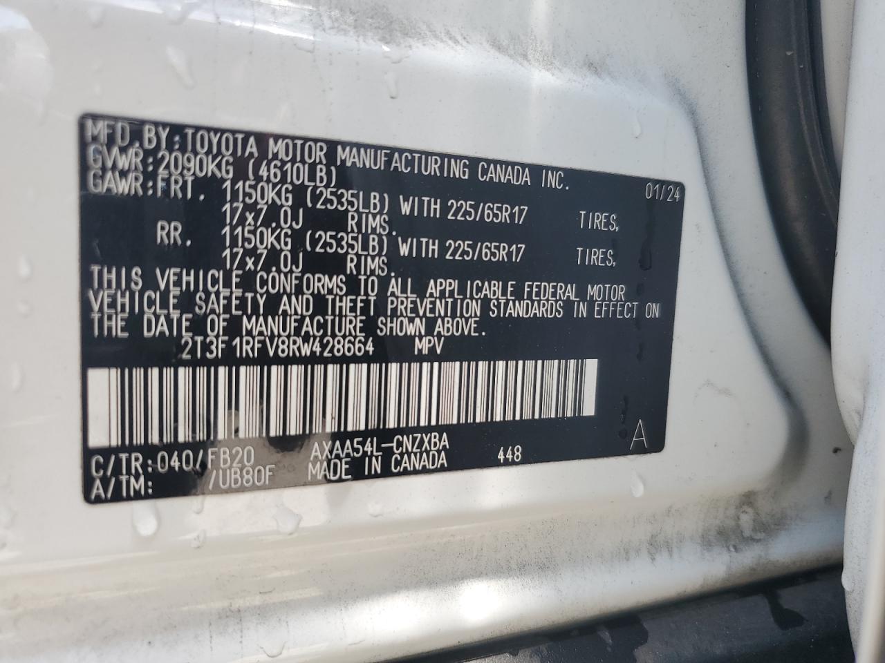 2024 Toyota Rav4 Le VIN: 2T3F1RFV8RW428664 Lot: 61762895