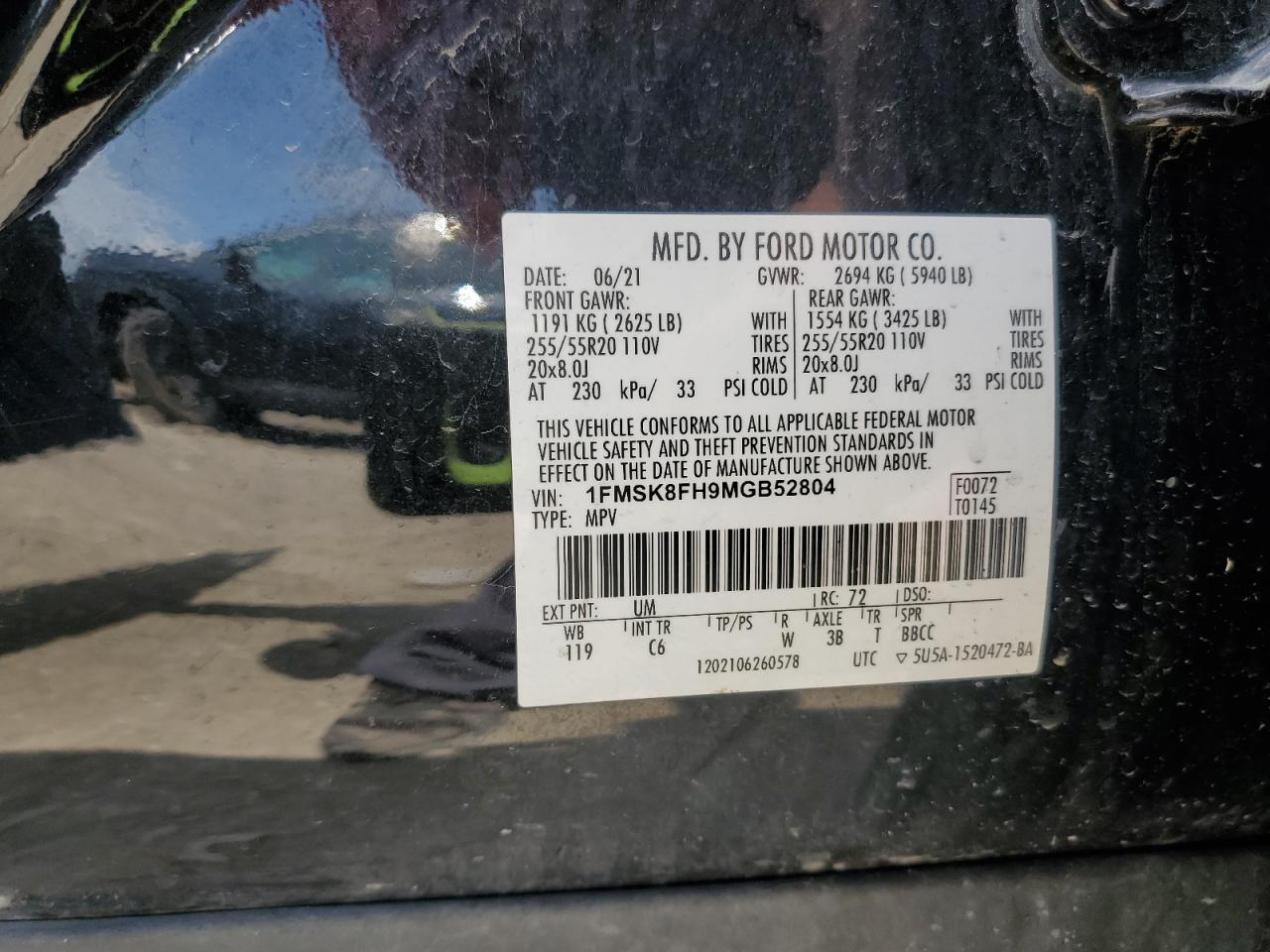 2021 Ford Explorer Limited VIN: 1FMSK8FH9MGB52804 Lot: 60353535