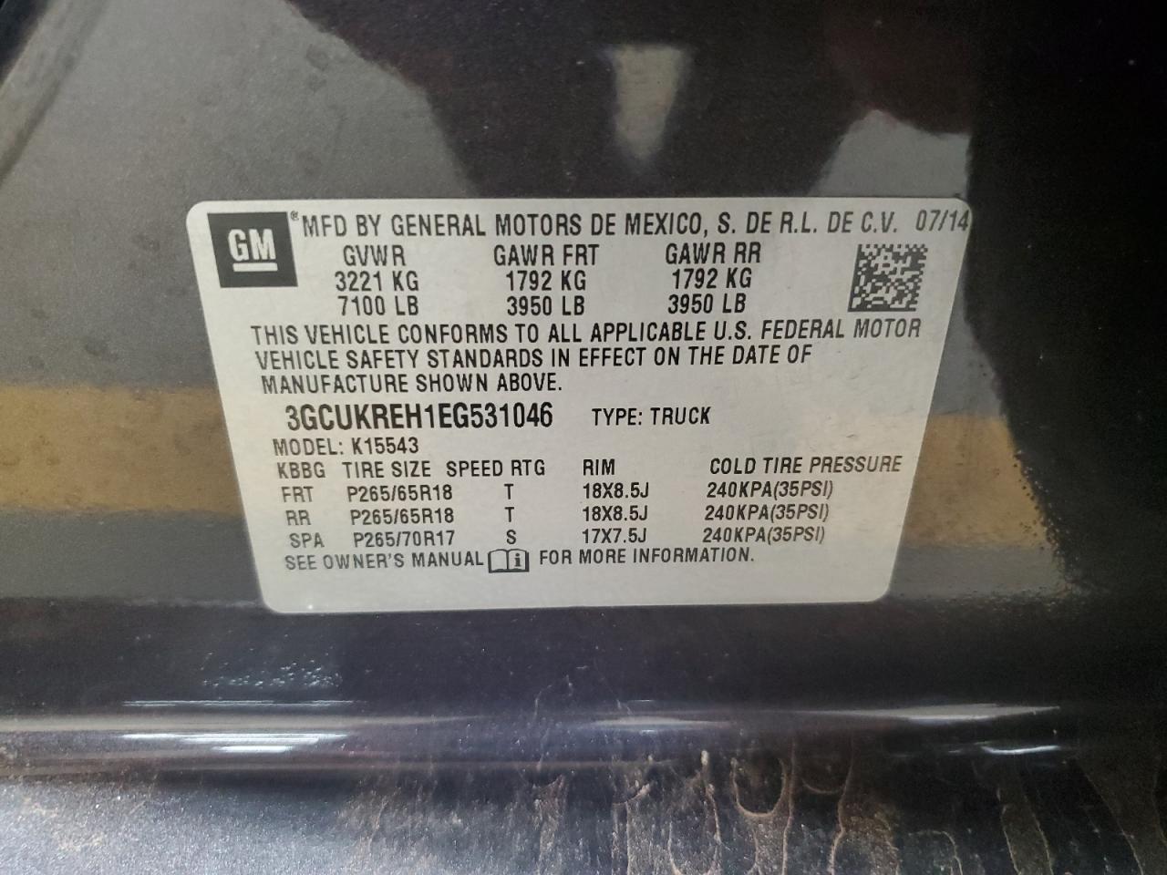 2014 Chevrolet Silverado K1500 Lt VIN: 3GCUKREH1EG531046 Lot: 62968325