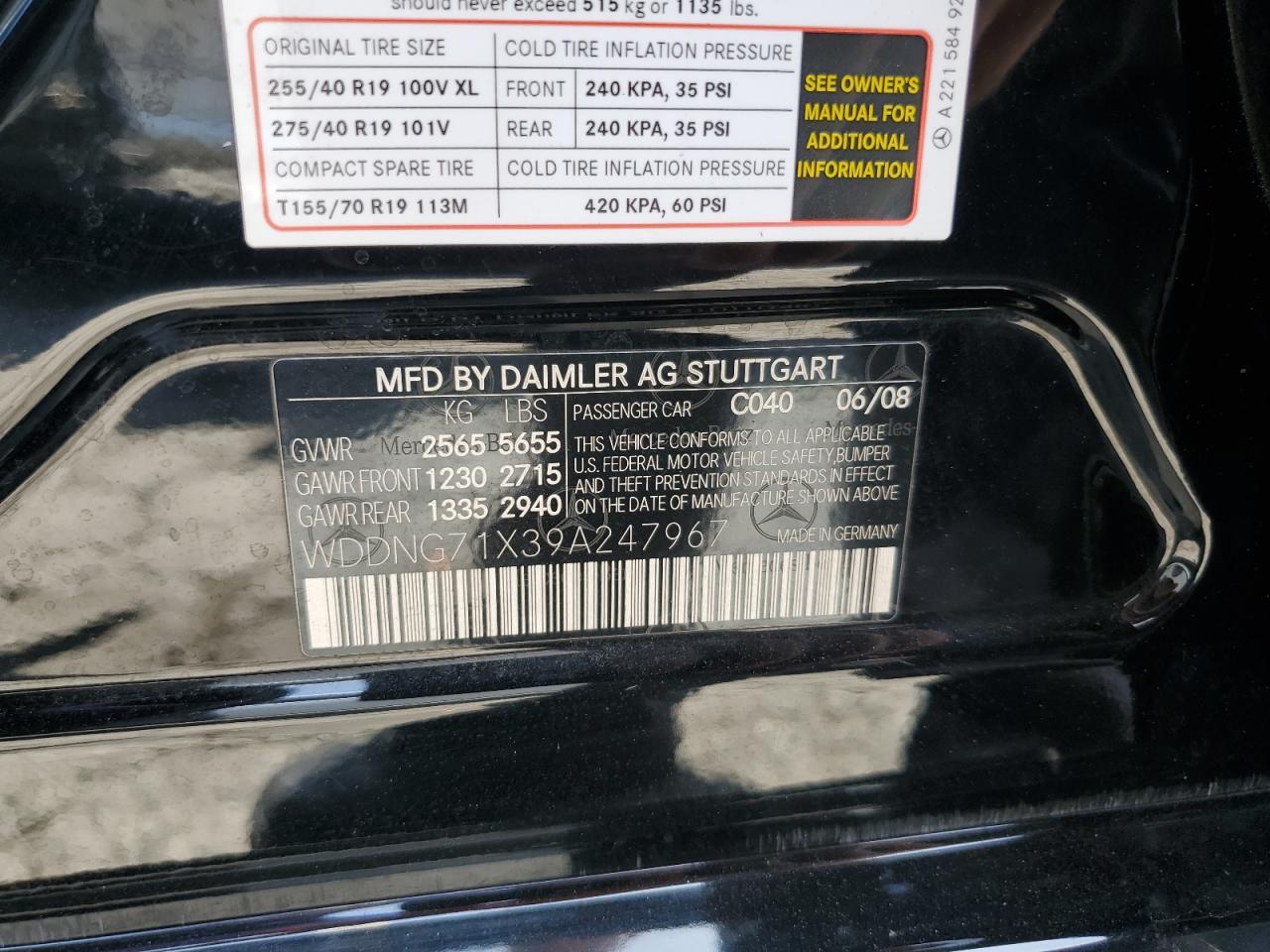 2009 Mercedes-Benz S 550 VIN: WDDNG71X39A247967 Lot: 61261335