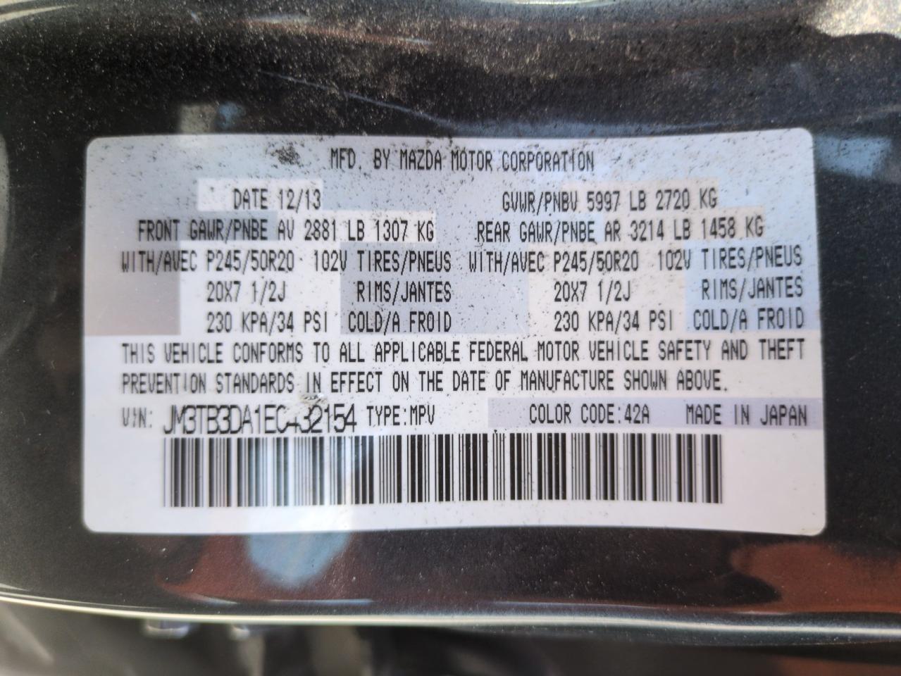 2014 Mazda Cx-9 Grand Touring VIN: JM3TB3DA1E0432154 Lot: 61741905