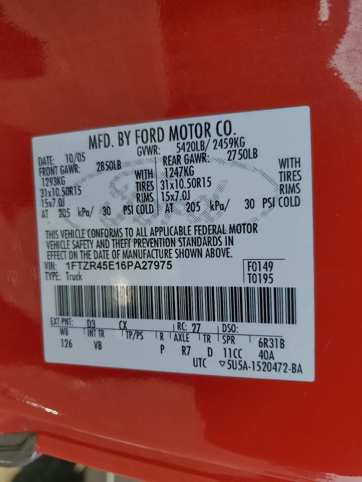 2006 Ford Ranger Super Cab VIN: 1FTZR45E16PA27975 Lot: 62945815