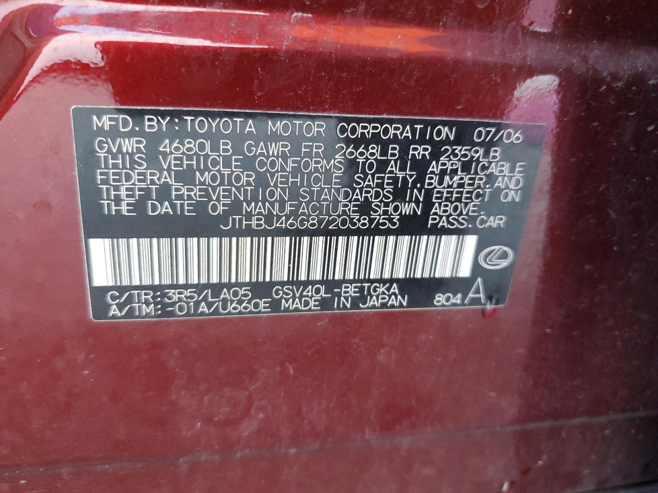 2007 Lexus Es 350 VIN: JTHBJ46G872038753 Lot: 62750335