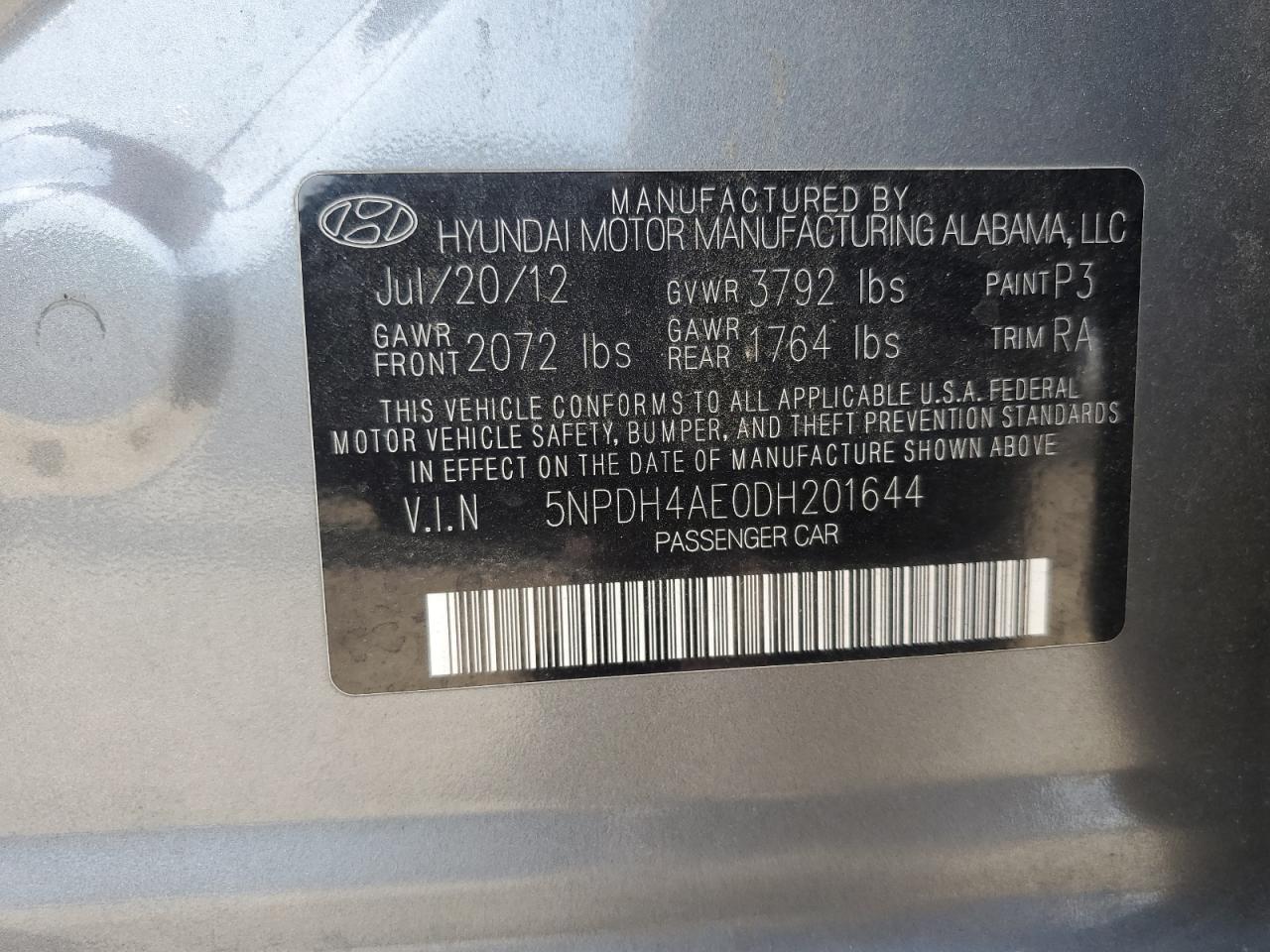 2013 Hyundai Elantra Gls VIN: 5NPDH4AE0DH201644 Lot: 62397375