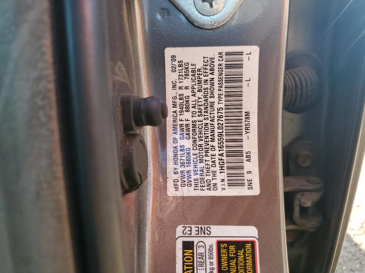 2009 Honda Civic Lx VIN: 1HGFA16559L027675 Lot: 61510715