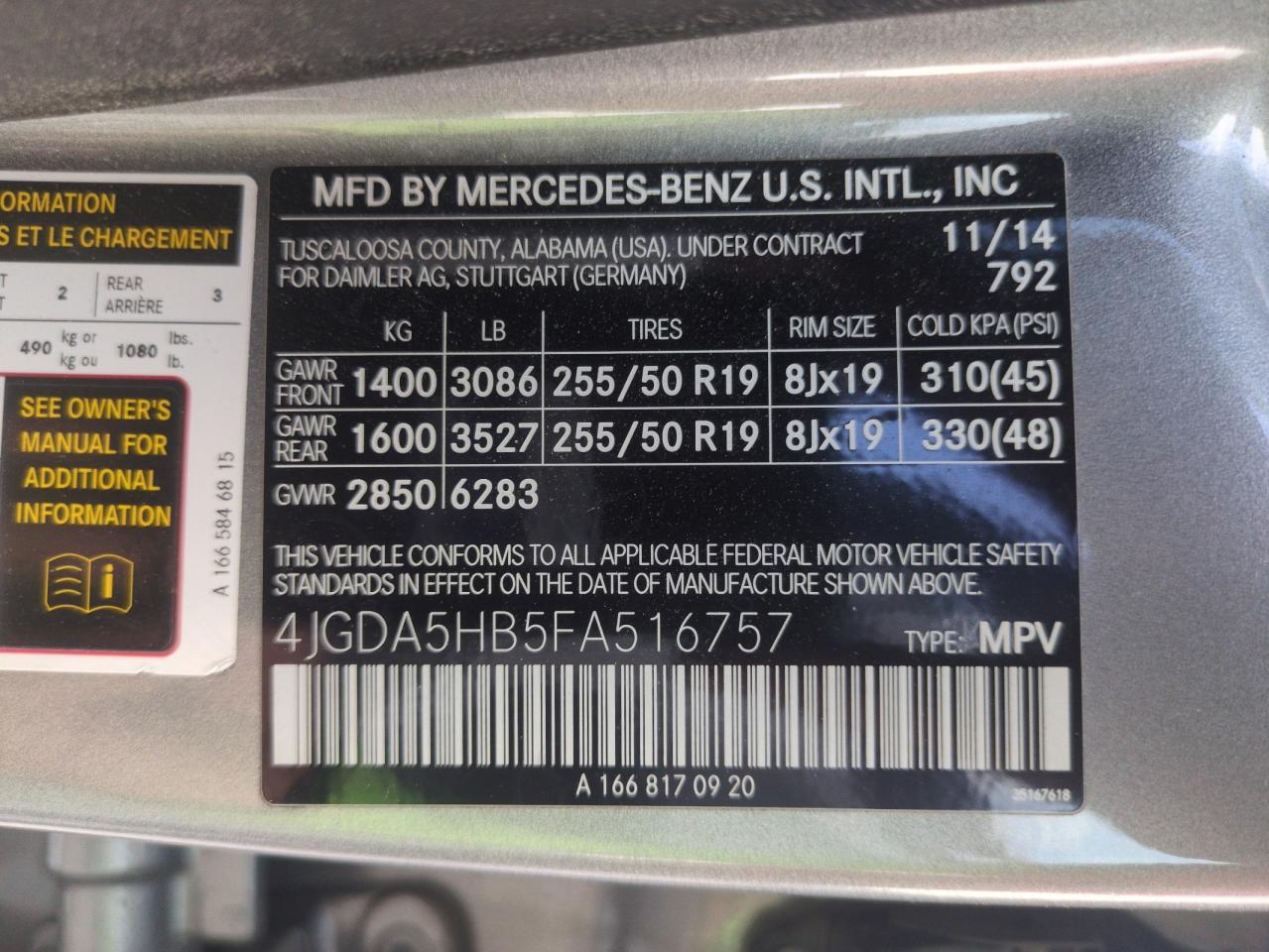 2015 Mercedes-Benz Ml 350 4Matic VIN: 4JGDA5HB5FA516757 Lot: 62855535