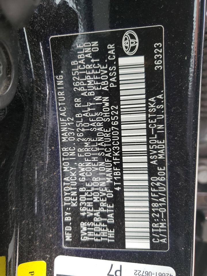 TOYOTA CAMRY 2012 VIN 4T1BF1FK3CU076522 photo 12