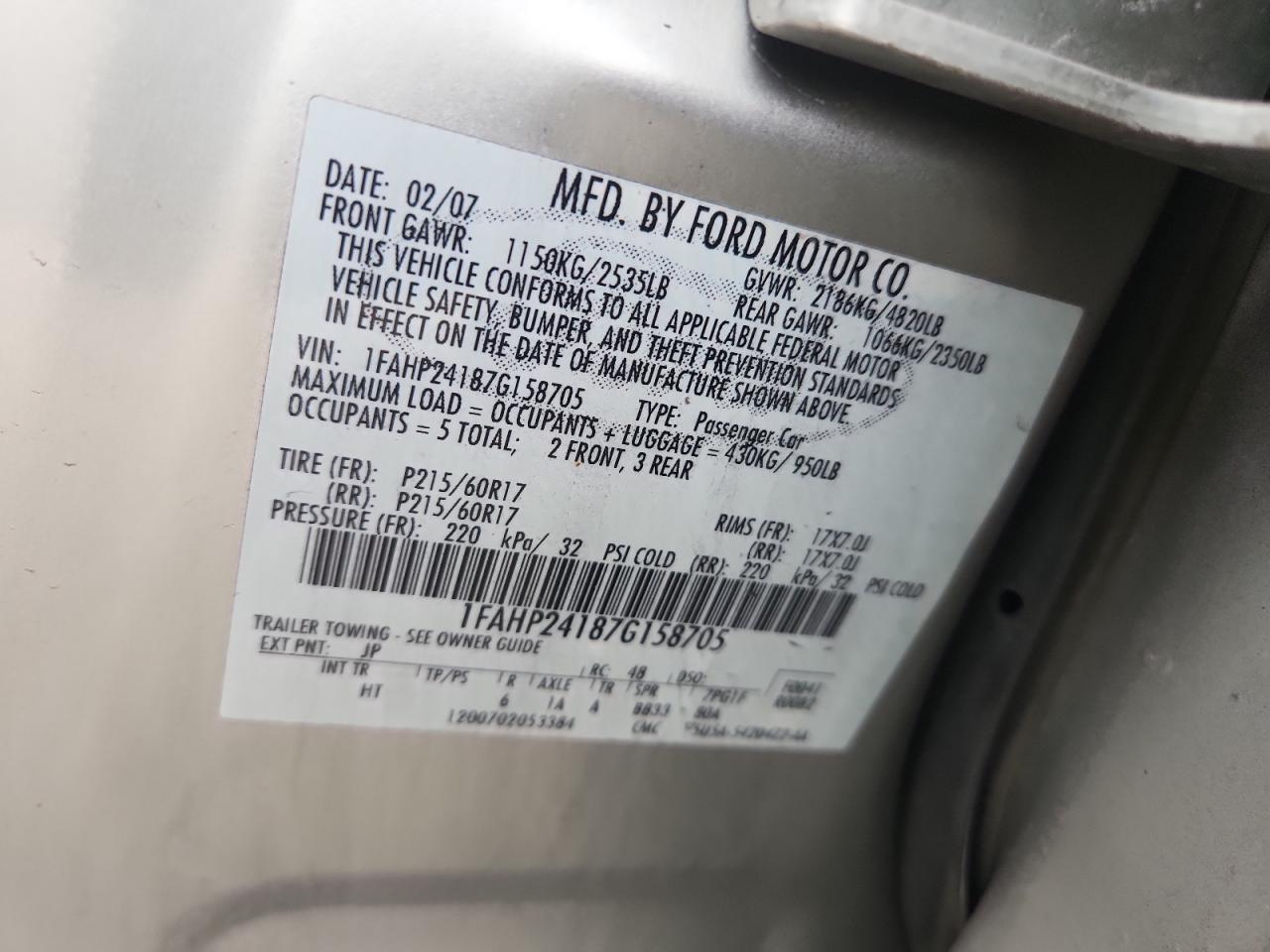 2007 Ford Five Hundred Sel VIN: 1FAHP24187G158705 Lot: 59799835
